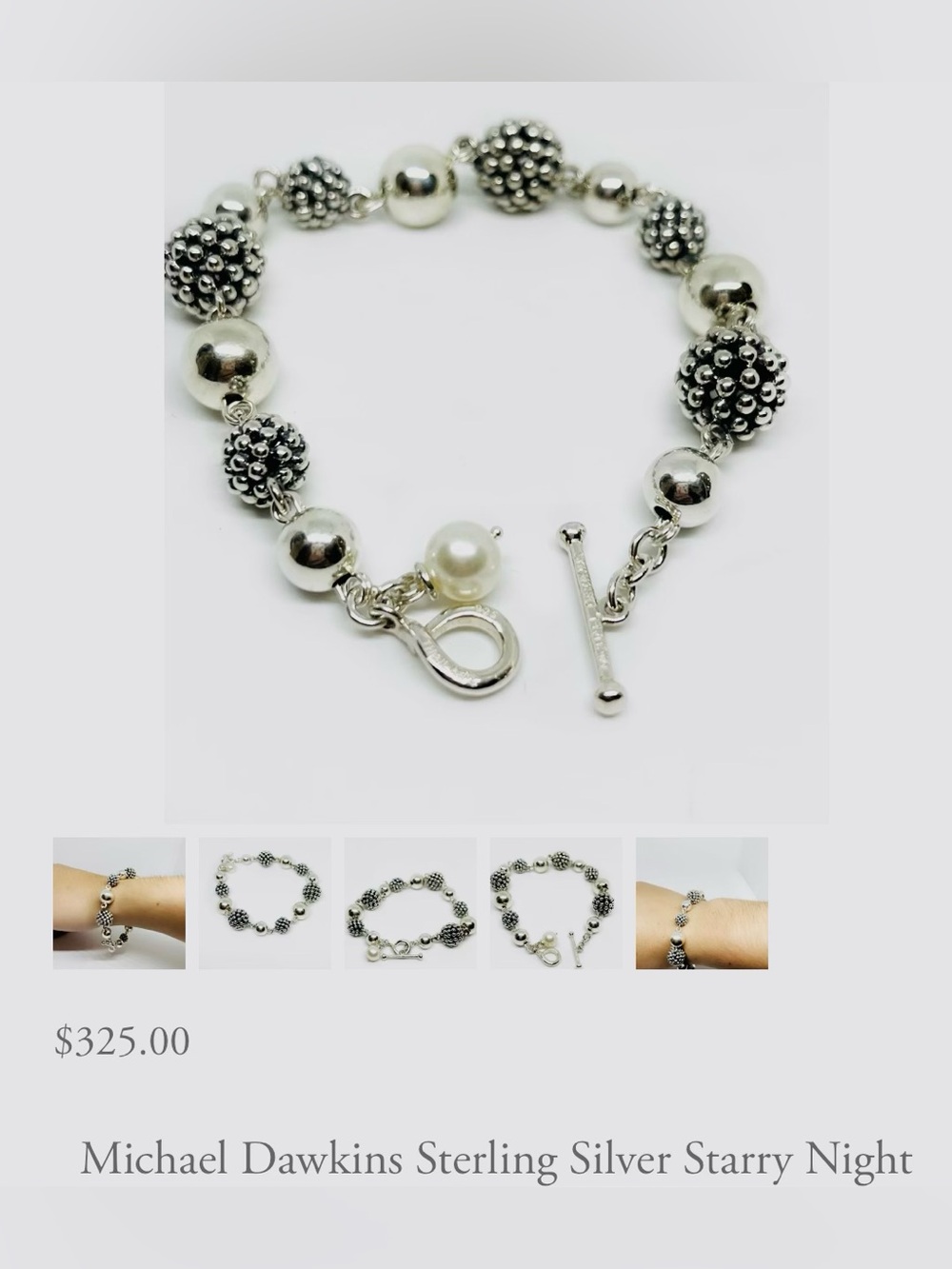 Michael Dawkins Sterling Silver Starry Night Pearl Beaded Toggle Bracelet26.7G